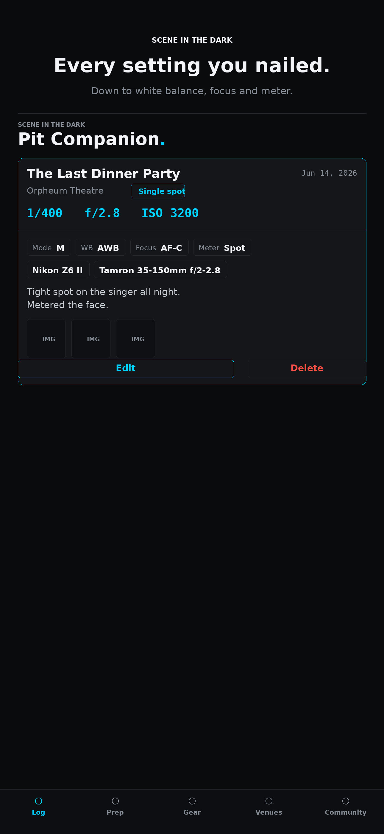 A saved show in Pit Companion showing the exact camera settings that worked, rendered in monospace cyan.
